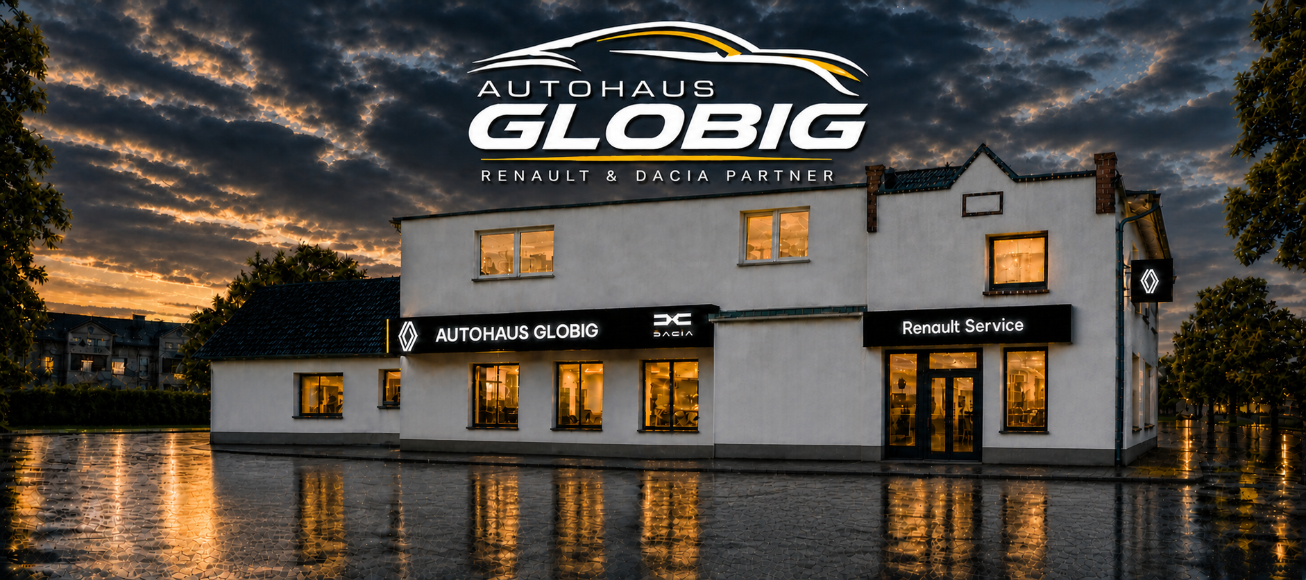Autohaus Globig am beleuchteten Abend